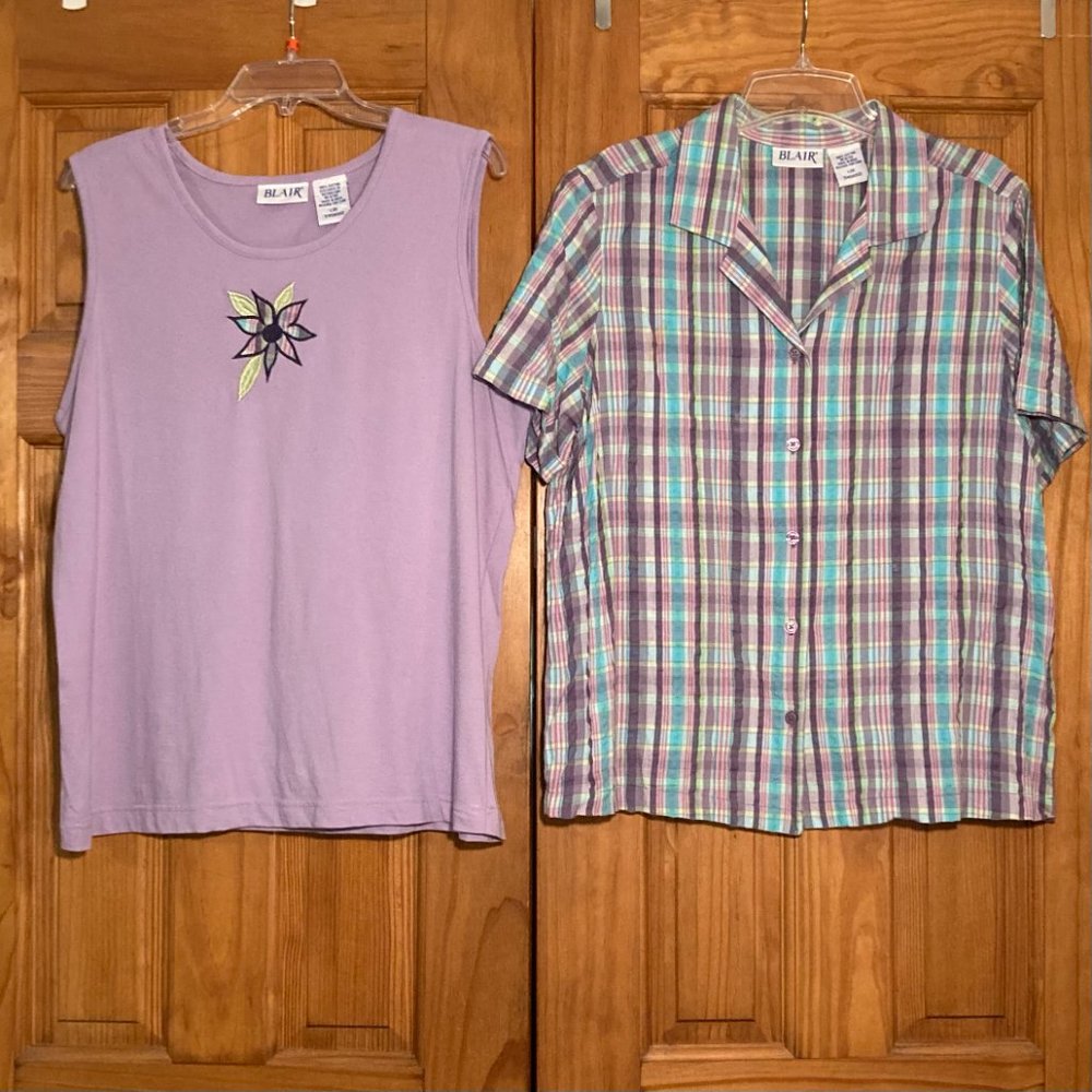 NWOT Blair Vintage 80s 90s Blouse & Matching Sleeveless Top Plaid Purple Blue L